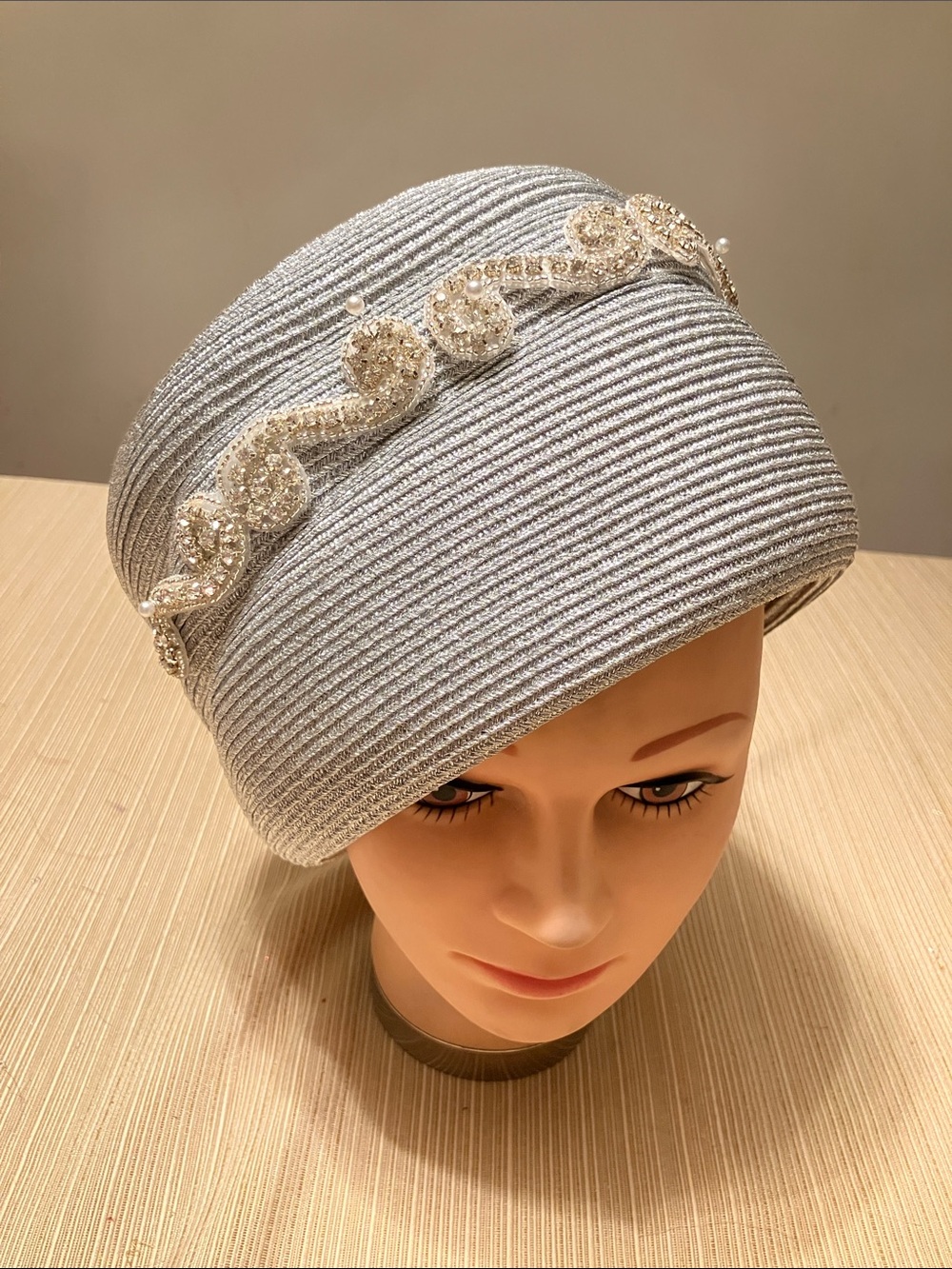 Chic Metallic Silver Cloche Hat With Silver Rhinestone Beaded Swirl Accent